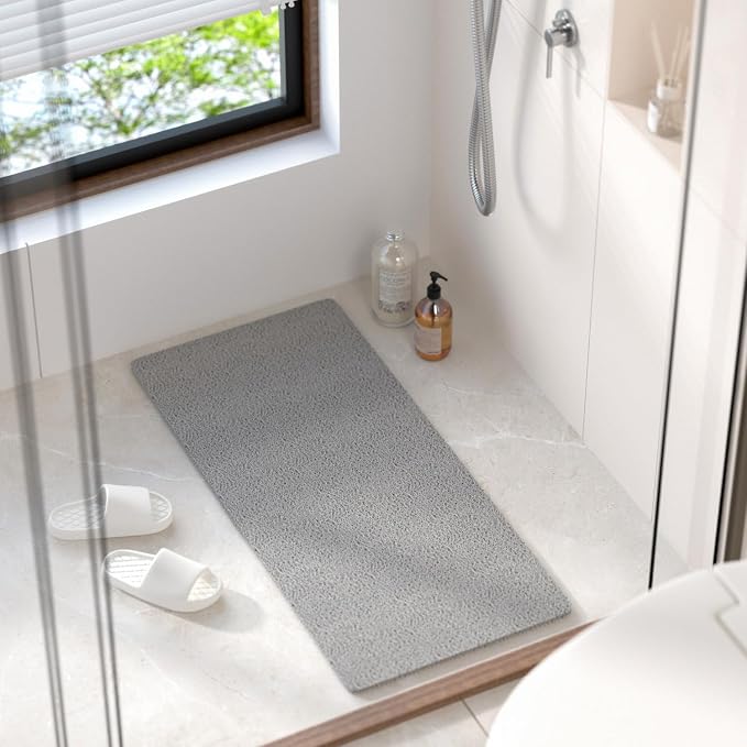 HITSLAM Bathtub Mat Non Slip, 35 x 16 Inch Long Soft PVC Loofah Shower Mat, Bath Mat for Tub Without Suction Cups, Quick Drying Bath Tub Mat for Shower and Bathroom, Easy to Clean, Grey
