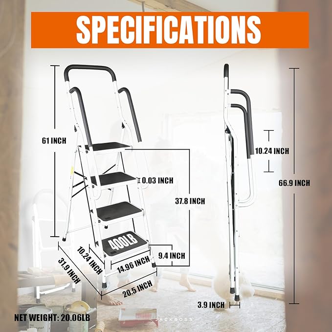 Jack Boss 4 Step Ladder, Requires Simple Installation, Folding Lightweight Step Stool with Handrails and Wide Anti-Slip Pedal for Home, Kitchen and Garage, Service Height 37.8 inch, 400 lbs Capacity