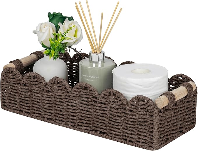 CubesLand Paper Rope Scalloped Edge Shelves Storage Basket, Woven Toilet Paper Baskets for Over Toilet Storage Shelf, Ending Table, Floating Shelves Organizing or Home Décor, with Wood Handle, Brown
