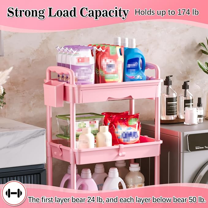 SUNALLY 4 Tier Rolling Utility Cart with Drawer, Storage Organizer Cart with 2 Lockable Wheels, Multifunctional Rolling Storage Cart for Bathroom, Kitchen, Craft, Makeup, Baby Essentials, Pink