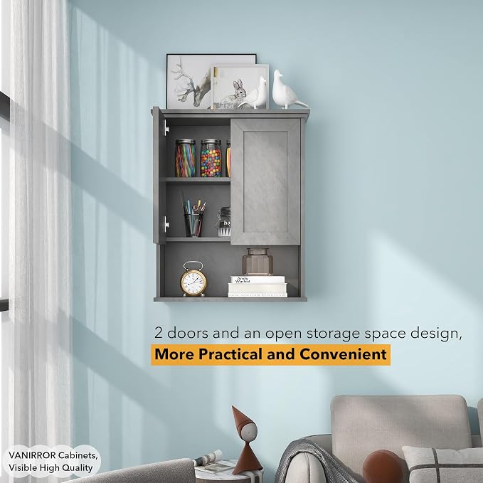 VANIRROR Bathroom Wall Cabinet Over Toilet Storage Cabinets 25x30 in Above Toilet Wood Medicine Cabinets for Bathroom Wall Mounted Cabinet with 2 Door & Adjustable Shelf Texture Grey
