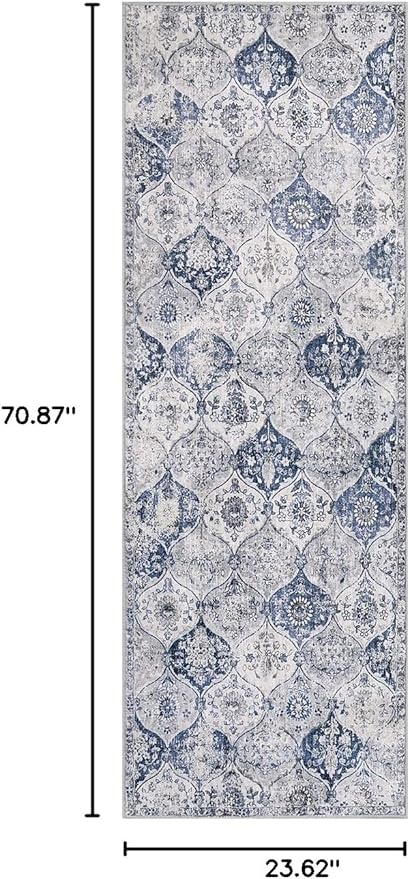 Lahome Moroccan Trellis Washable Runner Rug, 2x6 Kitchen Runners for Hallways 6 Feet Non Slip, Vintage Laundry Room Ultra-Thin Carpet for Bathroom Bedroom Entryway Elise, White/Royal Blue
