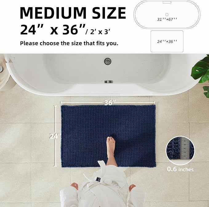 TYUU Waffle Bath Mat, Boho Bathroom Rugs Non Slip Washable Super Absorbent Quick Dry Bath Mat Farmhouse Bathroom Decor, 36"x24" Navy Blue