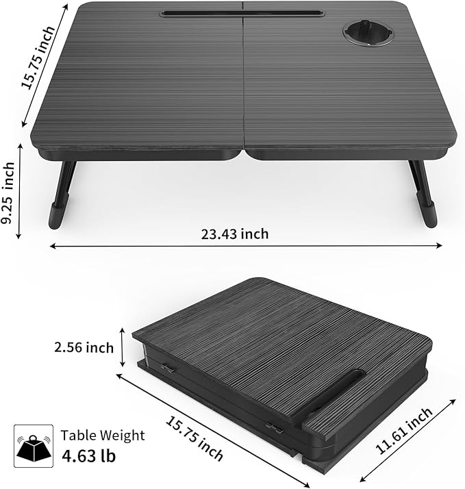 BUYIFY Foldable Laptop Bed Desk for Couch, Sofa - Large Lap Desk Tray Table with Cup Holder and Tablet Slot - Portable Notebook Stand for Eating, Writing, Studying and WFH (Black)- USA Original Patent