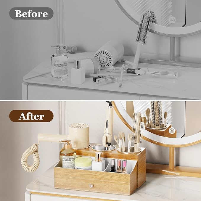 GFWARE Acrylic Hair Dryer Holder with Drawer, Bathroom Organizer Countertop Drawers with 3 Stainless Cups, Makeup Vanity Accessories, Hair Hot Tools Organizer, Toiletry, Wood