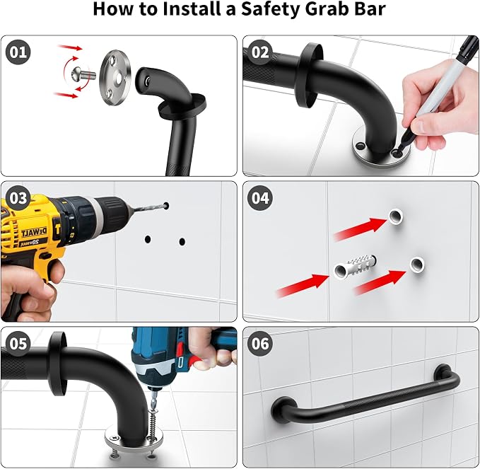 Black Grab Bar 16 Inch, iHansee Anti-Slip Bathroom Grab Bar w/Knurled Grip, Stainless Steel Safety Handrail for Toilet, Bathtub, Shower for Senior Elderly, Wall Mounted Matte Black Handicap Bars