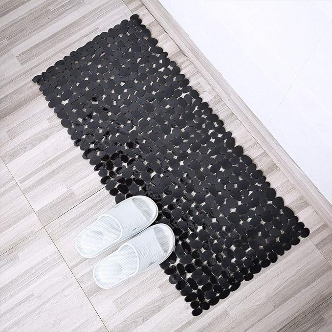 SONGZIMING Non-Slip Pebble Bathtub Mat Black 16 W x 35 L Inches (for Smooth/Non-Textured Tubs Only) Safe Shower Mat with Drain Holes, Suction Cups for Bathroom