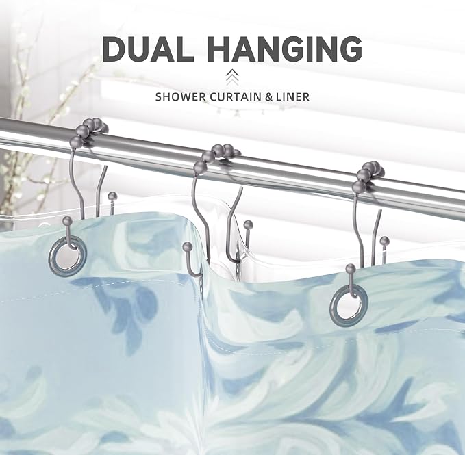 Bathway Shower Curtain Hooks, Shower Curtain Rings Rust Proof Double Hook Shower Curtain Hooks, 12 Pcs Grey Shower Hooks for Shower Curtain, Shower Rings for Curtain, Metal Shower Rod Hooks
