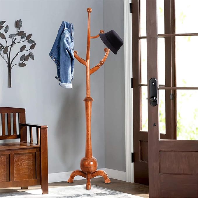 Coat Rack Freestanding Wood Tree Rack with 8 Hooks, Creative Design Tree Branch-look, Coat Tree Clothes Hanger Stand with Stable Sphere Base for Entryway, Hallway, Bedroom - Load 160lbs (Light Brown)