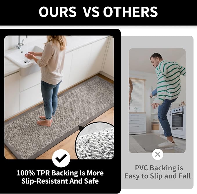 YDKGL Kitchen Mats for Floor, Rubber Backing Kitchen Rugs Non Slip Washable, Super Absorbent Jute-Like Braid Kitchen Runner Rug Sink Mat Standing Mat, Easy to Clean, Gray 17"x30"
