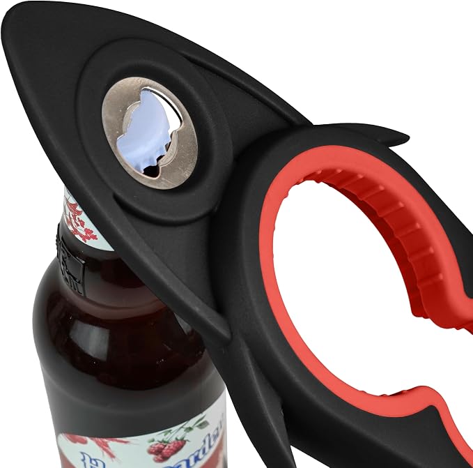 Jar Opener Bottle Opener for Arthritis, 5-in-1 Multifunctional Jar Opener, Easy to Use for Seniors and Weak Hands, Shark Shape Kitchen Gadget for jar, Beer and Bottle (Black and Red)