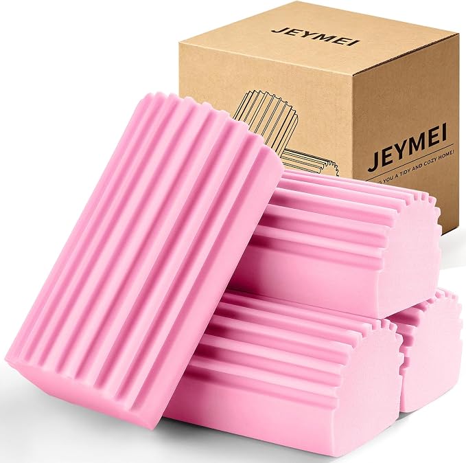 Jeymei 4-Pack Damp Clean Duster Sponge,Pink Damp Dusting Sponge,Duster Baseboard Cleaner Sponge with Ridges,Reusable Wet Duster Sponge,Household Cleaning Sponges for Blinds,Window Track Grooves