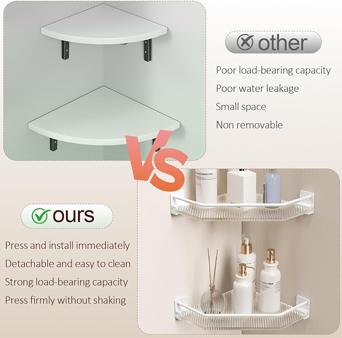 EVERZONE 2 Pack Acrylic Corner Shower Shelves with 2 Hooks, Shower Corner Caddy for Bathroom,Kitchen & Balcony, Floating Shower Wall Shelf Bath Basket Rack Heavy Duty (Grey,Acrylic)