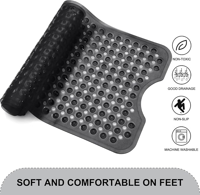 TEESHLY Bath Tub and Shower Mats, Non Slip 40 x 16 Inch Extra Large Bathtub Mat, Machine Washable Bathmat with Drain Holes, Suction Cups for Bathroom Floor, Clear Black