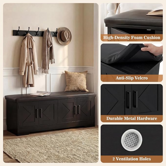 Farmhouse Shoe Storage Bench with Cushion - 43.3" Entryway Bench with Storage & 4 Barn Doors, 2-Tier Wooden Shoe Rack Bench, Hidden Shoe Cabinet & Mudroom Bench for Bedroom Hallway Living Room, Black