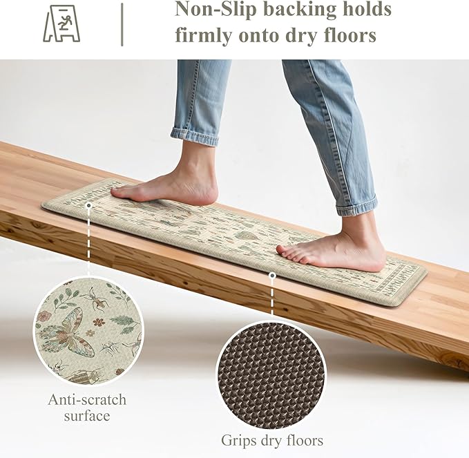 LEEVAN Anti Fatigue Mats for Kitchen Floor Non-Slip, Cushioned Kitchen Mats for Floor 20''x31''+20''x47'', Tan Memory Foam Kitchen Mat Sets