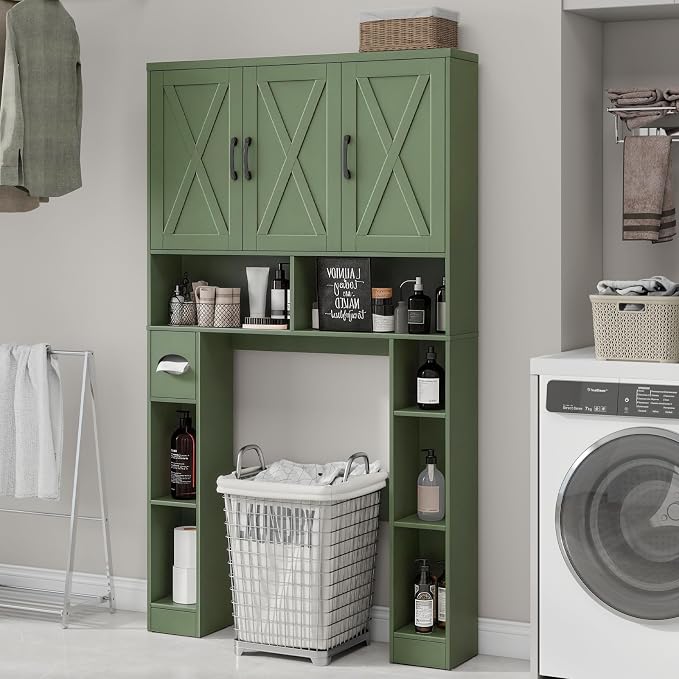 Vabches Over The Toilet Storage Cabinet, Farmhouse Toilet Cabinet Rack with 3 Barn Doors, Space Saving Bathroom Organizer with Shelves, Toilet Paper Holder and Towel Rack for Bathroom,Restroom.(Green