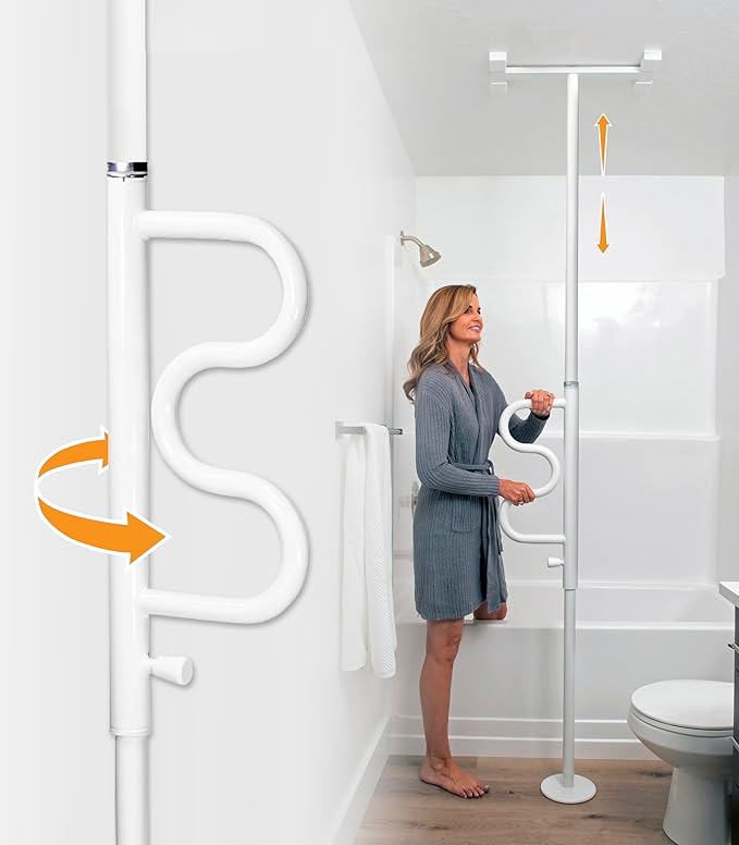 Stander Wonder Pole Plus with Rotating Double Grab Bar, Tension Mounted Security Pole for Seniors & Elderly Adults, No-Drill Floor to Ceiling Transfer Pole for Home & Bath Safety, White