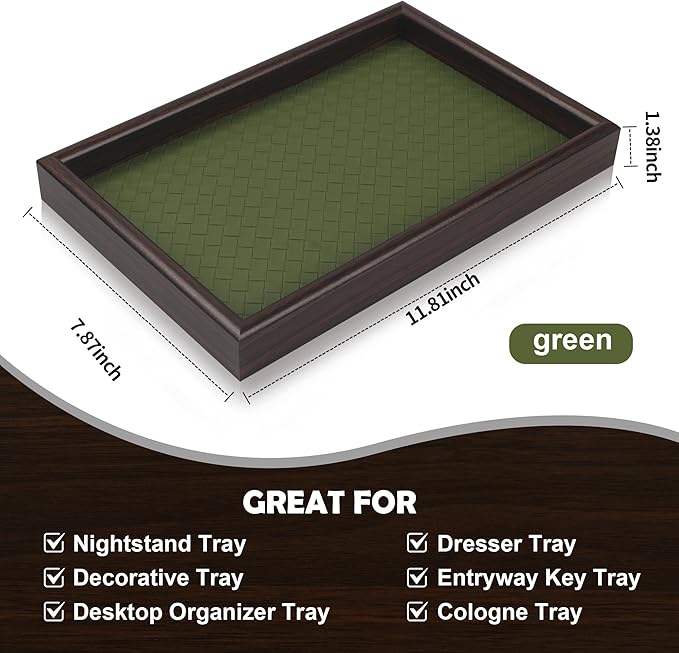 Wooden Valet Tray with Leather Base - Nightstand Catchall Organizer for Cologne, Perfume, Keys, Wallet, Phone, Watch, Jewelry & Sunglasses (2Pcs Green)