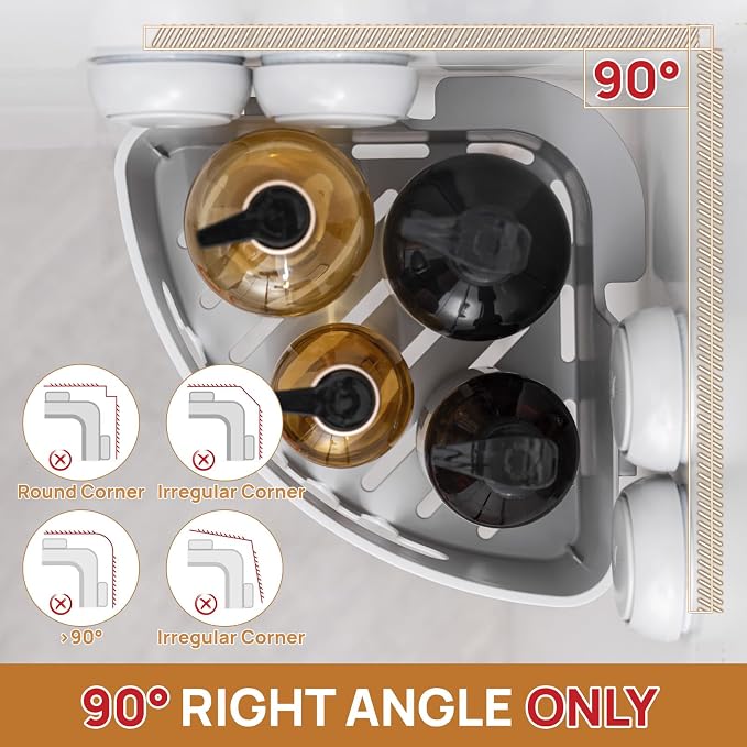 LEVERLOC Corner Shower Caddy Suction Cup, Shower Caddy Basket Powerful Suction Bathroom, Waterproof & Rustproof Organizer for Bathroom Storage, No-Drilling Removable (Grey)