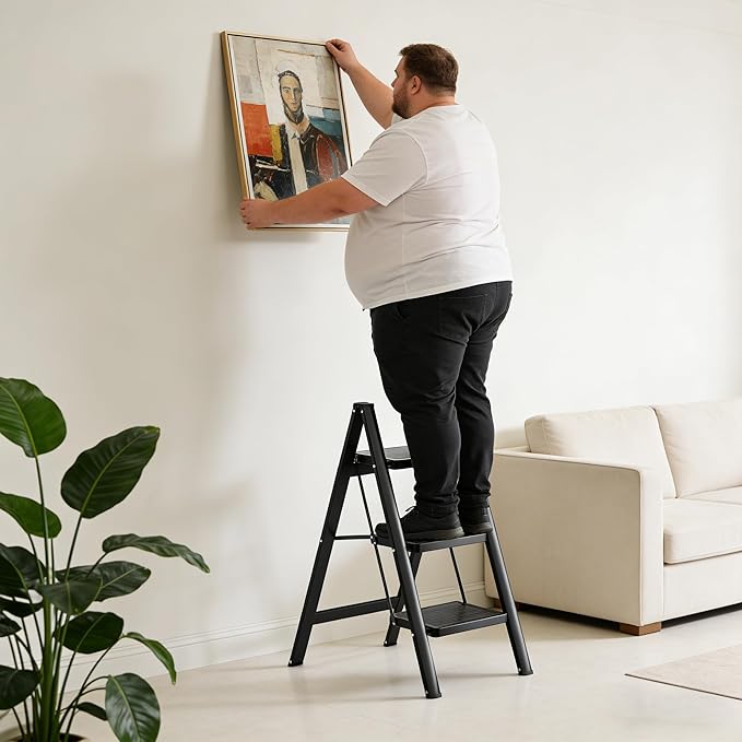 Step Ladder 3 Step Folding, Sturdy 330 Lbs Small Step Stool for Adults, Closet Step Stool Ladder with Anti-Slip Wide Pedals, Portable Folding Ladder for Home Kitchen Office