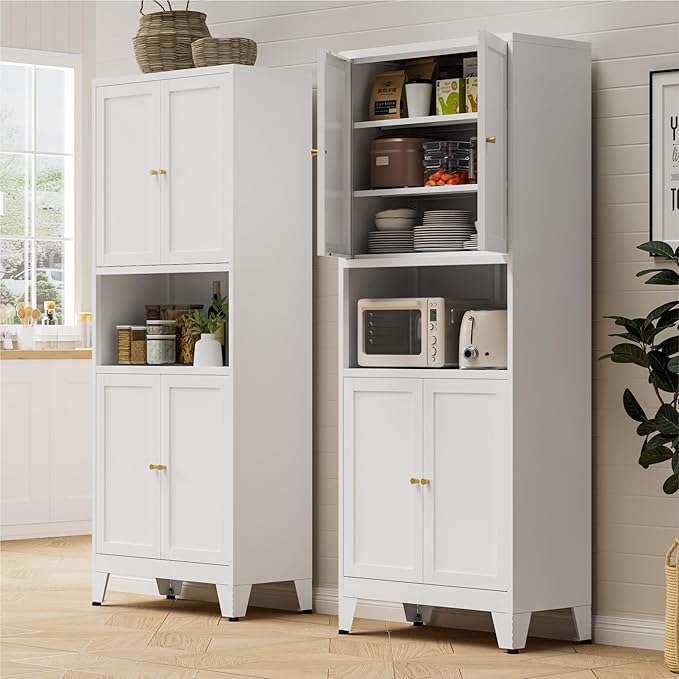 Bevivog 69" Tall Pantry Cabinet, Metal Kitchen Storage Cabinet with 4 Doors and 5 Shelves, Freestanding Metal Pantries Cupboard with Microwave Shelf for Kitchen,Dining Room,Bathroom,Laundry