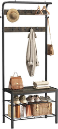 Hall Tree with Bench and Shoe Storage, 4-in-1 Entryway Organizer with 10 Hooks and Storage Shelf,Coat Rack Freestanding with 2-Tier Storage Shelf for Living Room, Deep Gray