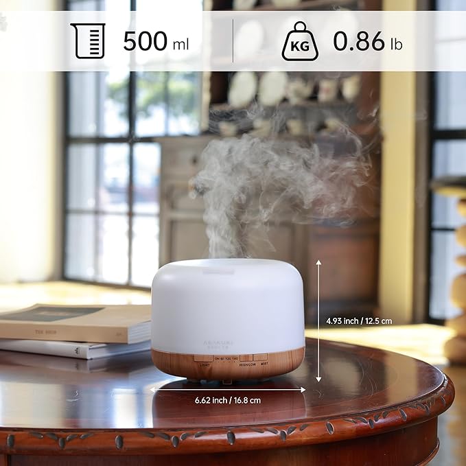 ASAKUKI Essential Oil Diffuser for Home, 500ML Aromatherapy Diffuser Humidifier with Remote Control, 7 Color LED Lights, Quiet Cool Mist Diffuser for Bedroom, Office (Yellow)