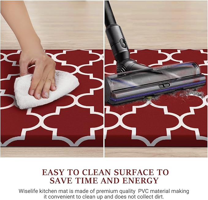 WISELIFE Kitchen Mat Cushioned Anti-Fatigue Kitchen Rug,17.3"x 60",Non Slip Waterproof Kitchen Mats and Rugs Heavy Duty PVC Ergonomic Comfort Mat for Kitchen, Floor Home, Office, Sink, Laundry,Red
