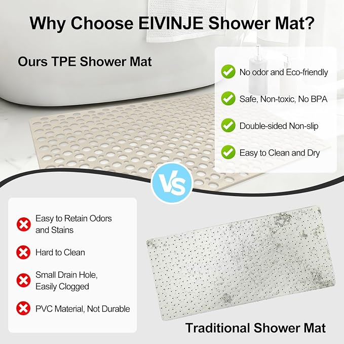 Bathtub Mat Non Slip: 30x17 inch Soft TPE Bath Mat for Tub with Suction Cups and Drain Holes, Efficient Drainage Anti Slip Shower Mats for Inside Shower, Machine Washable, Easy to Dry&Cut