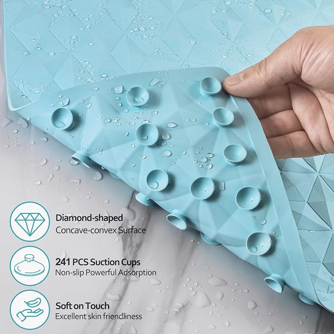 Bathtub Mat Non Slip - Natural Rubber Bath Tub Shower Safety Mat - 16 x 28 Inch Shower Mats with Suction Cups - Delicate Diamond Pattern - Softer - BPA Free - Machine Washable - Elegant Blue