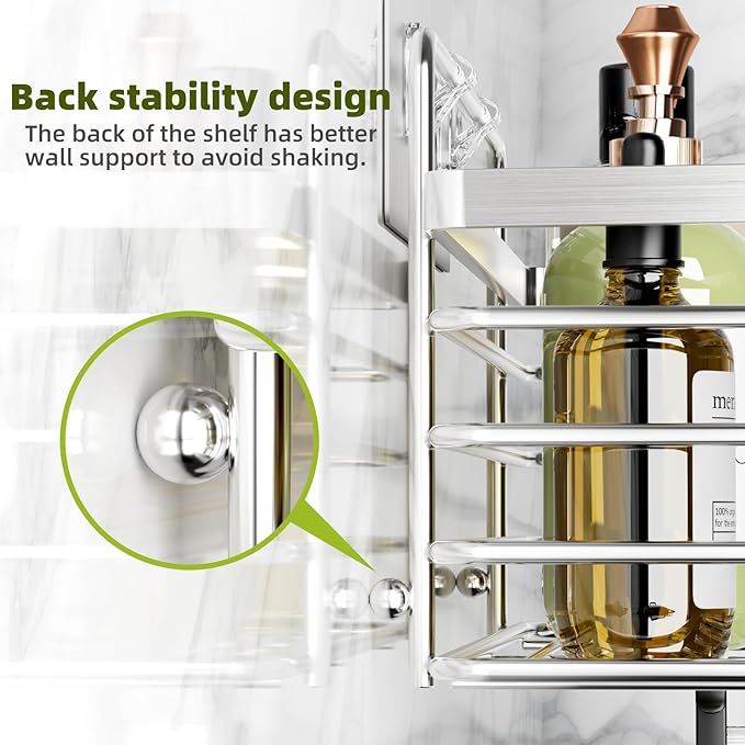 Yougai Shower Caddy, Shower Organizer with Soap Holder and Hooks, Rustproof Shower Shelves, No Drilling Bathroom Organizers and Storage, Wall-Mounted Kitchen & Home Decor (Silver)