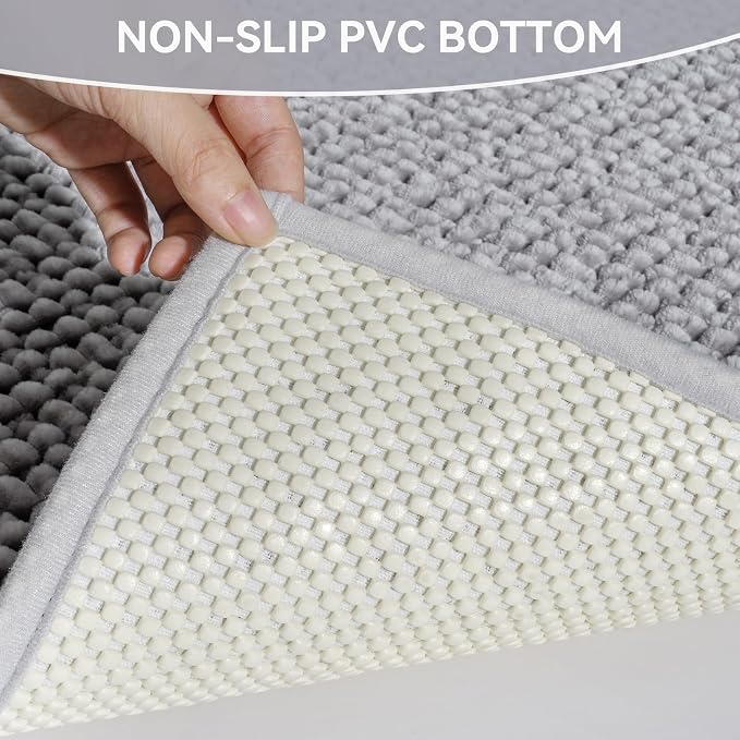 16x24 Extra Soft Chenille Bathroom Rugs - Non Slip Quick Dry Absorbent & Washable Bath Mat, Thin Low Profile Fit Under Door, Shower Mat for Outside Shower - Grey