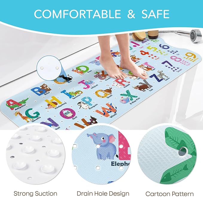 SHUCHING Baby Bath Mat for Tub Non Slip-40 X 16 Inch, Kids Bathtub Mat Mold Free, Shower Mat Anti Slip for Bathroom, Machine Washable, Alphabet
