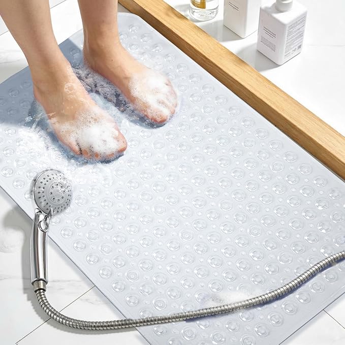 Large Shower Mat 21.5x33.5 Inch Clear, Soft Non Slip Shower Mats for Inside Shower with Big Suction Cups Drain Holes, Extra Large Bath Bathtub Mat Floor Stall Mats, BPA-Free, Easy Clean