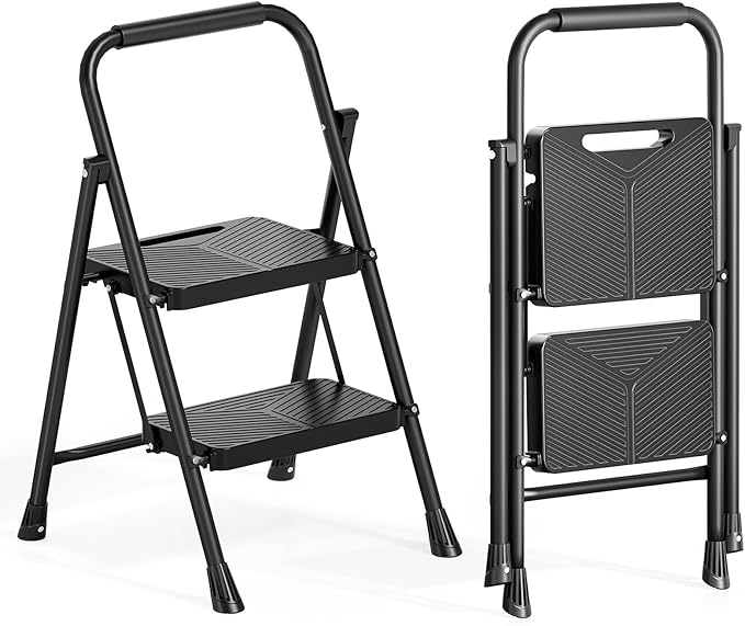 Urackify 2 Step Ladder, Folding Ladder for Multi-Purpose, Home, Kitchen, Heavy Sturdy Steel Portable Step Stool with Handrail, Safe-Lock Design, Anti-Slip Wide Pedals, Pass 500lbs Load Testing, Black