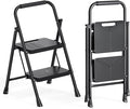 Urackify 2 Step Ladder, Folding Ladder for Multi-Purpose, Home, Kitchen, Heavy Sturdy Steel Portable Step Stool with Handrail, Safe-Lock Design, Anti-Slip Wide Pedals, Pass 500lbs Load Testing, Black