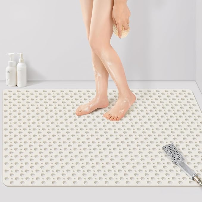 Yolife Extra Large Shower Mat 47x32 inch, Non Slip Shower Mat for Inside Shower with Drain Holes and Suction Cups for Bathroom, No Odor TPE Shower Floor Mat,White