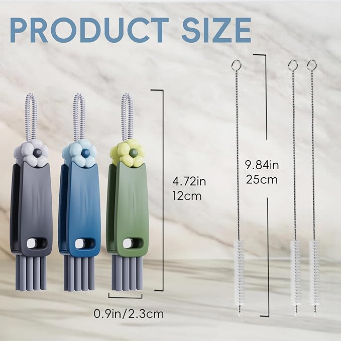 6 Pack Cup Lid Cleaning Brush Set with 3 Straws, Multifunctional Bottle Brush, Cup Lid Gap Cleaner, Durable Bristle Crevice Cleaning Brush,Flat End Brushes