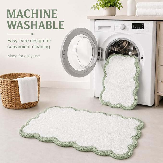 Scalloped Sage Green Bath Rug, Cute Bathroom Rug, Soft Absorbent Quick Dry Bath Mat, TPR Non Slip Backing, Microfiber Mat for Shower Tub Sink Vanity 20" x 31.5"