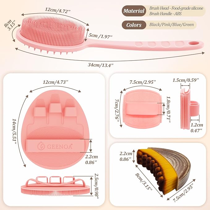 Silicone Back/Body/Face Scrubber & Lymphatic Contour Face Brush Set 4PCS, 13.4'' Soft Back Scrubber, 360° Anti-Slip Bath Glove, Unique Side-bristled Face Scrubber for All-Round Cleaning(Pink)