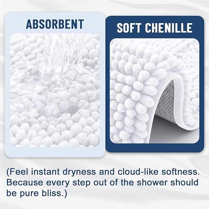 Grandaily Chenille Striped Bathroom Rugs 59x24, Extra Thick and Soft Absorbent Bath Mats, Rubber Backing, Plush Shaggy Shower Carpet, Machine Wash Dry, Bath Rug for Bathroom, Solid White