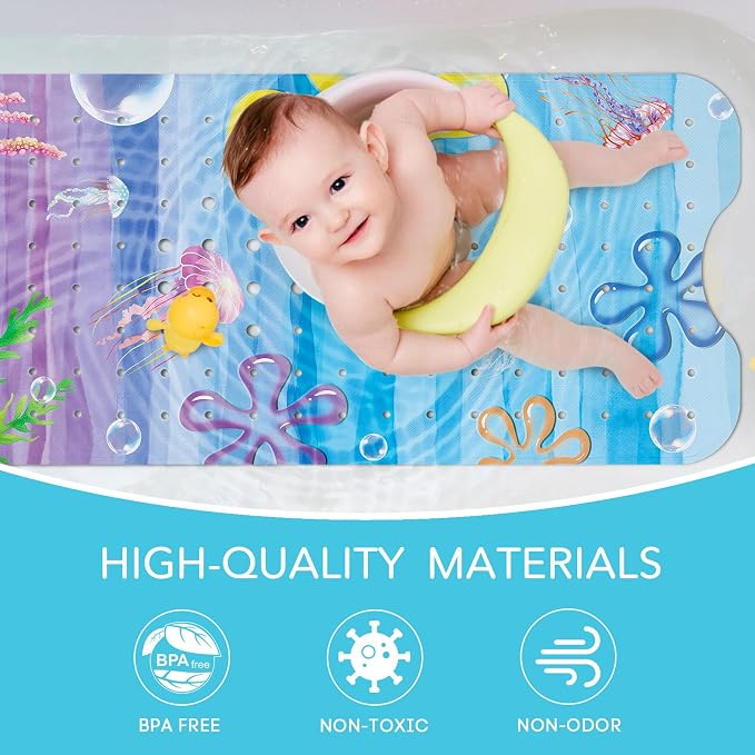 SHUCHING Girl Bath Mat for Tub Non Slip-40 X 16 Inch, Bathtub Mat Non Slip, Long Toddler Baby Kids Shower Mat for Bathroom, Beach Ocean Sea