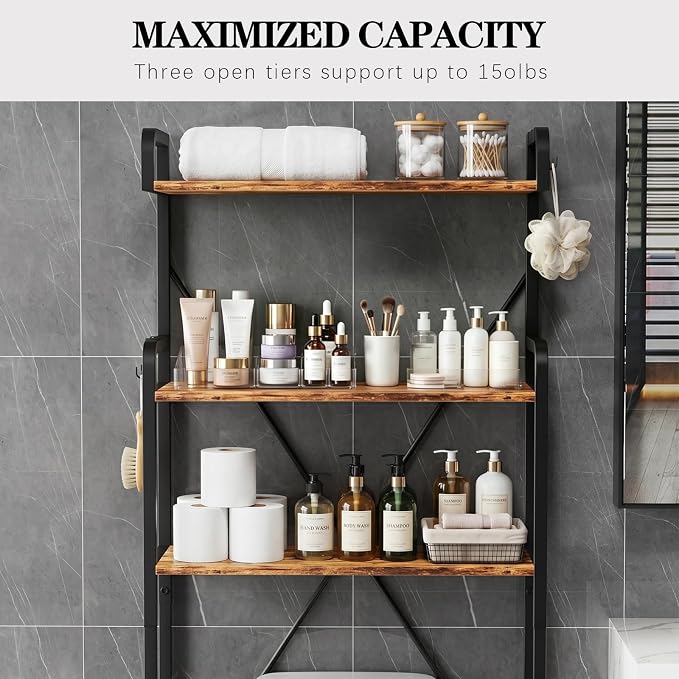 Over The Toilet Storage Cabinet, 3-Tier Bathroom Organizers and Storage with Hooks, Freestanding Shelf Toilet Rack, Small Bathroom Laundry Space Saver with Towel Rack & Toilet Paper Holder(Brown)
