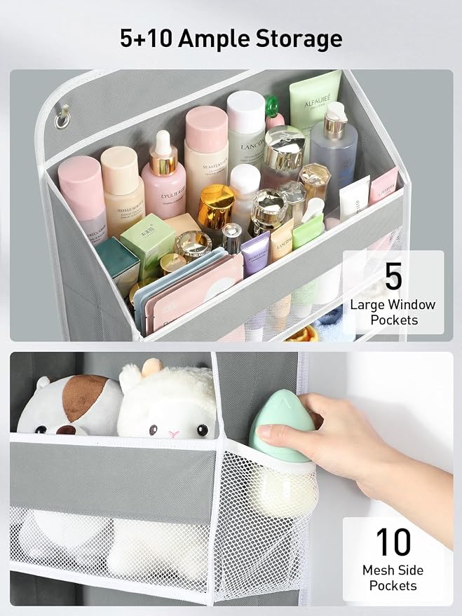 Yecaye Over the Door Organizer, Stuffed Animal Storage, Bathroom Organizers and Storage for Nursery Newborn Baby Essentials Stuff Dorm Room, Widen by 7cm, Deepen by 3cm, Grey 5 Tier Extra-Large