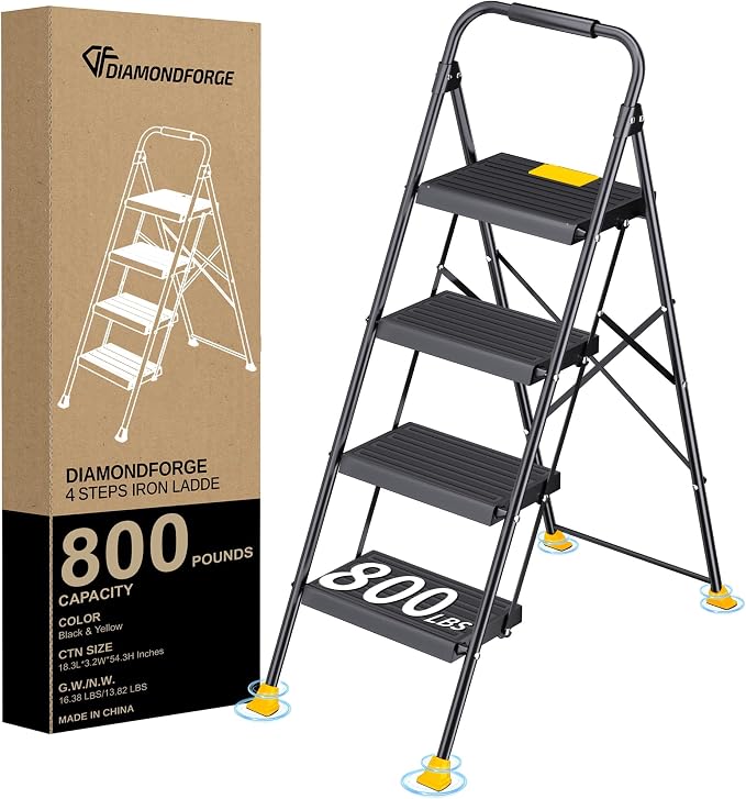 Foldable Step Ladder Stool for Home Adults, 4 Step Tall Extension with Handrails, Heavy Duty 800Lbs Ladder for Indoor Kitchen Closet Stair Use