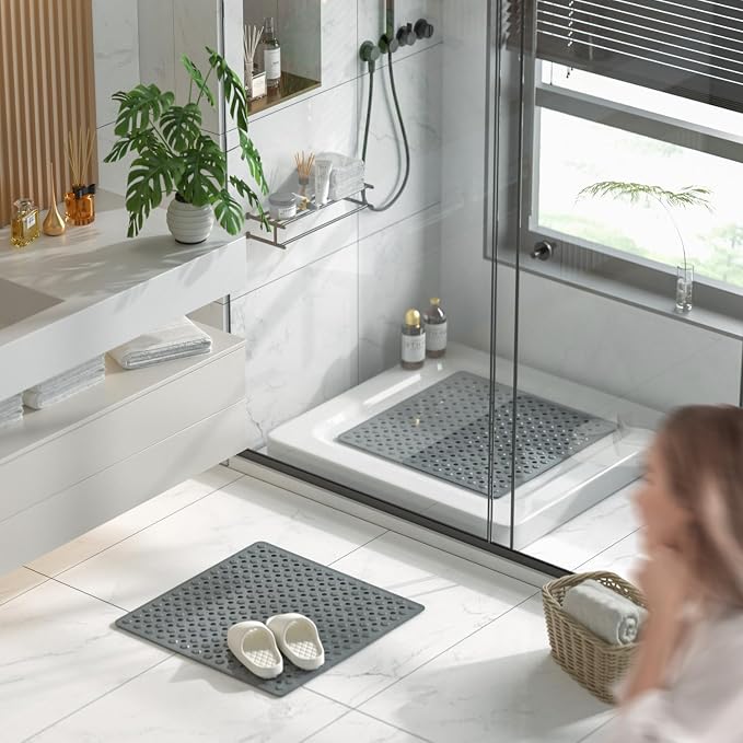 HITSLAM Shower Mat Anti Slip, Square Bath Mat for Tub Non Slip with Suction Cups and Drain Holes, 21x21 Inch Bathroom Shower Stall Floor Mat, Machine Washable, Soft on Feet, Dark Grey