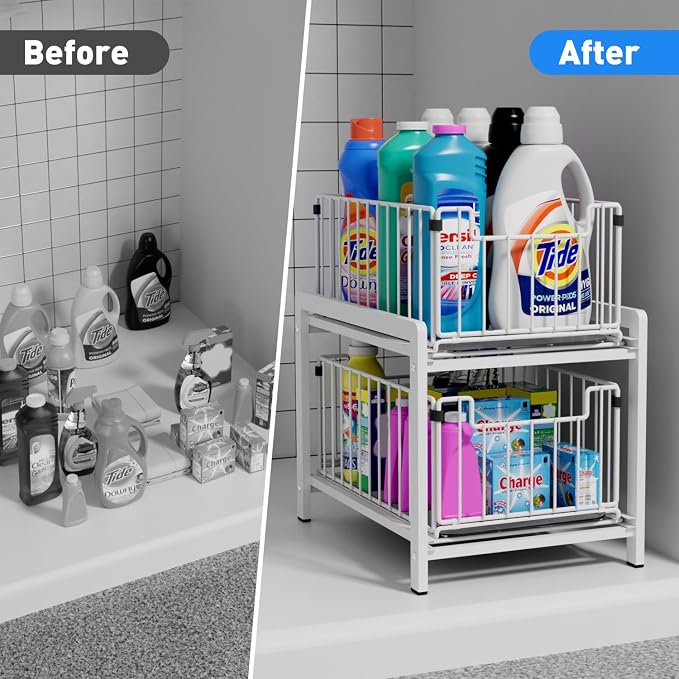 2 Tier Sliding Basket Drawer Organizer, Lxmons Pull Out Under Sink Cabinets Organizers, Metal Home Shelf for Bathroom or Kitchen, Sliding Countertop or Pantry Storage Shelf, Large White