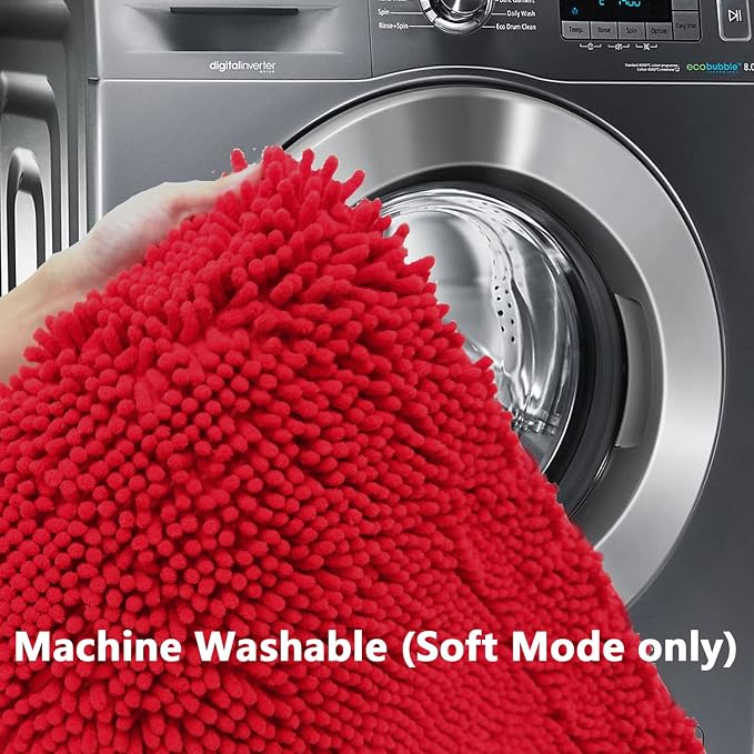 BOANKODU Bathroom Rugs Chenille 3-Piece Extra Soft and Absorbent Shag Bathroom Rugs, Machine Wash Mat, Strong PVC Non-Slip Underside, Plush Carpet Mats (Red)