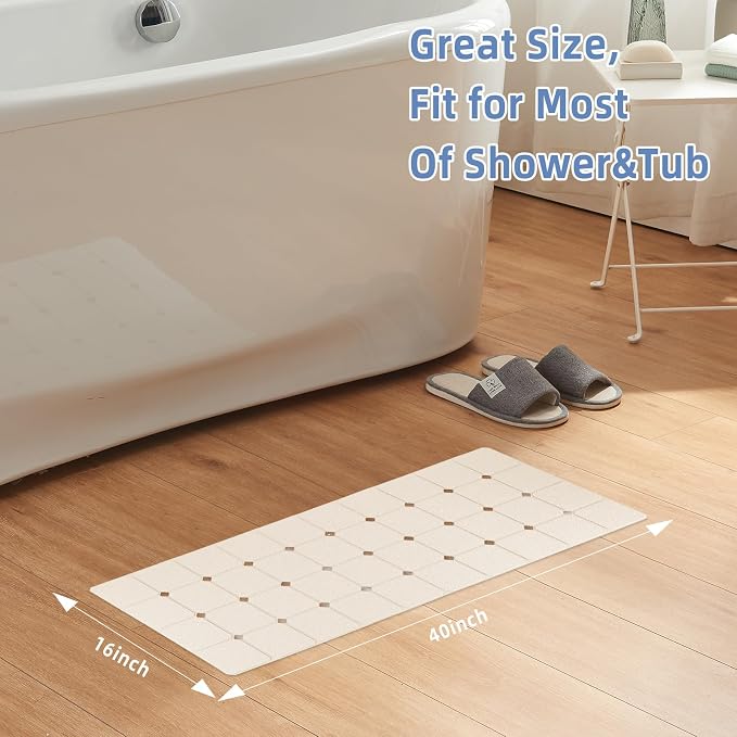 Bathtub Mat Non-Slip Silicone Soft Odorless Large Bath Mat No Suction Cups for Refinished,Reglazed and Textured Shower Mats Non Slip Extra Long Tub Mat (16x40inch Beige)